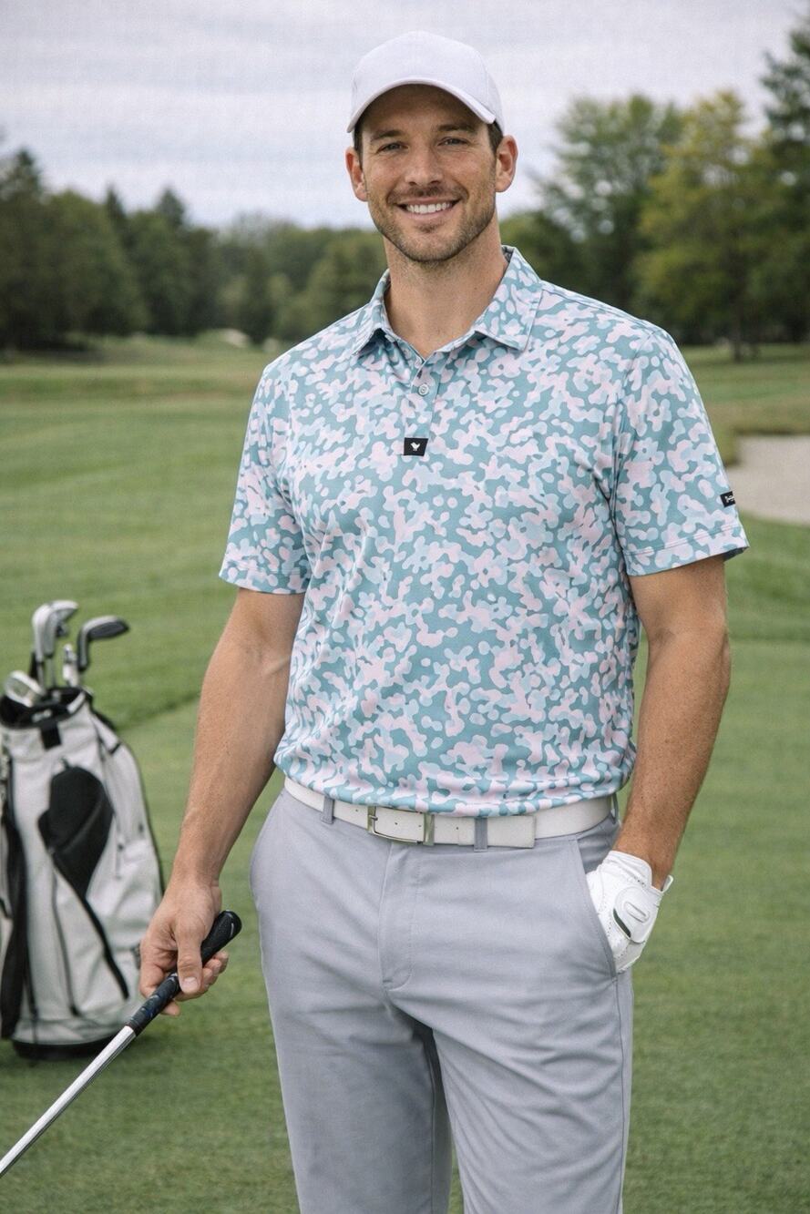 Bad Birdie Golf Polo Shirt Mens Medium Abstract Blue Pink Print Performance